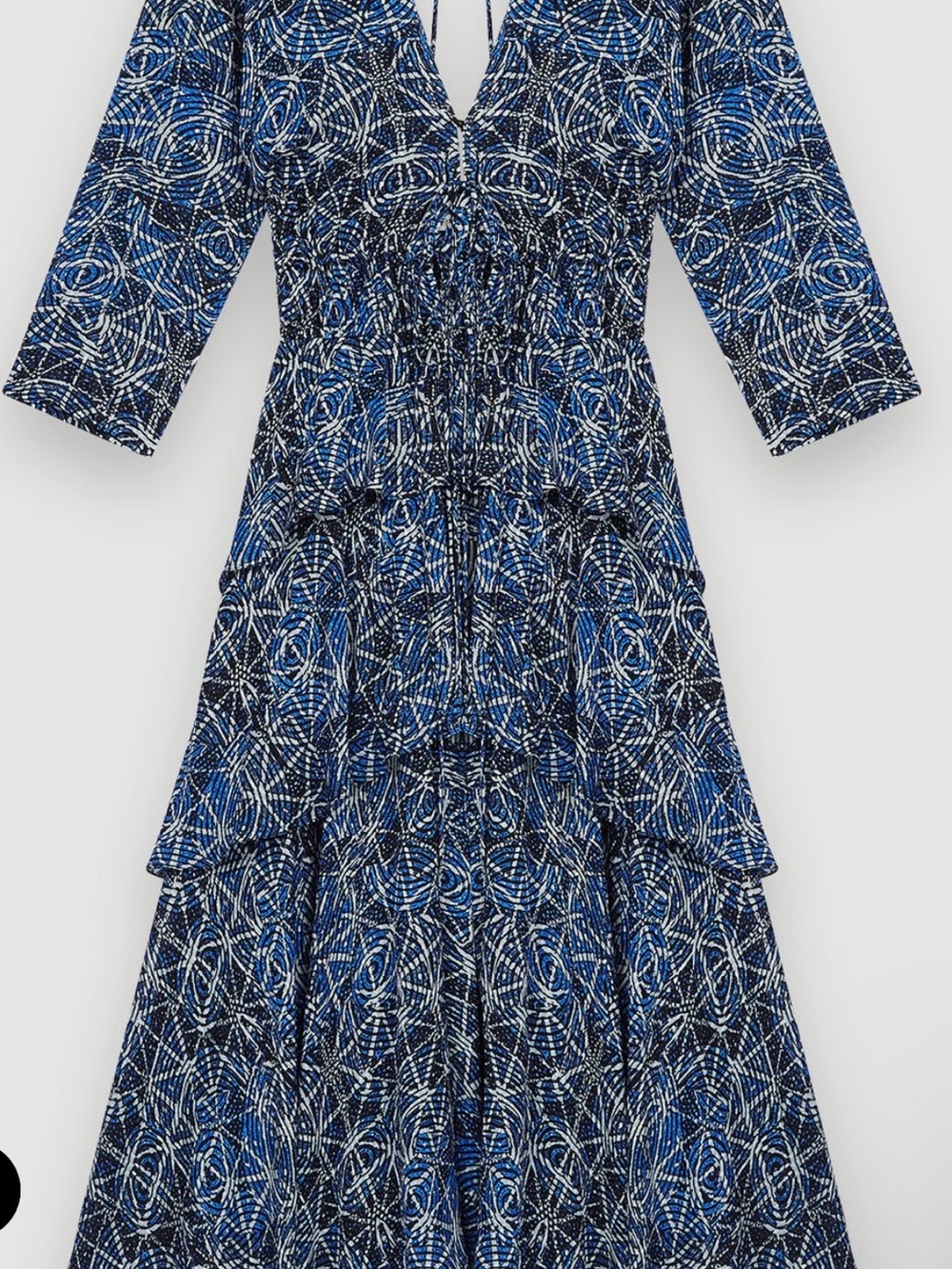 Maje Ruffini Blue Patterned Tiered V-Neck Dress SIZE 34
